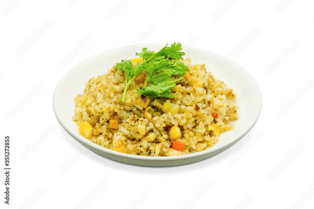 Fried rice on a white plate on white background Fried rice on a white plate on white background