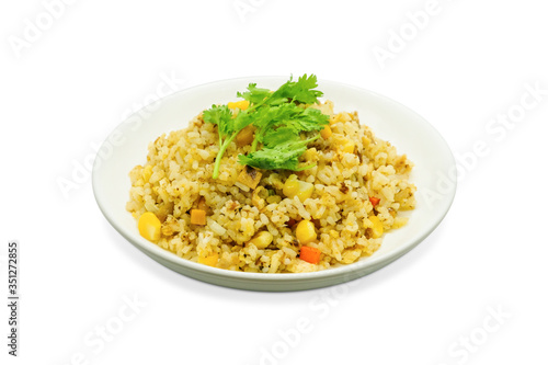 Fried rice on a white plate on white background