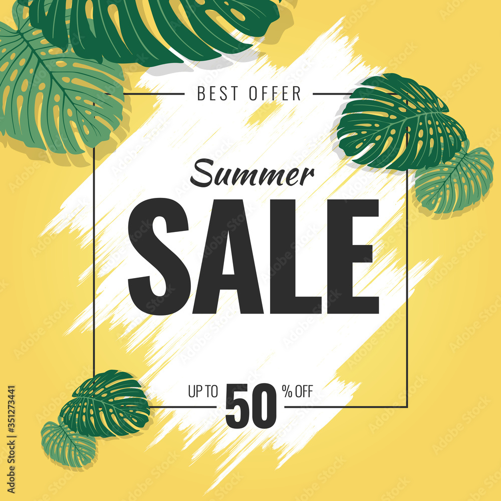 Template of Best Offer Summer Sale with Tropical Leaf