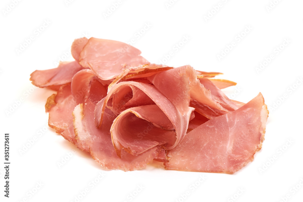 Jamon, dried ham slices, isolated on white background Jamon, dried ham slices, isolated on white background