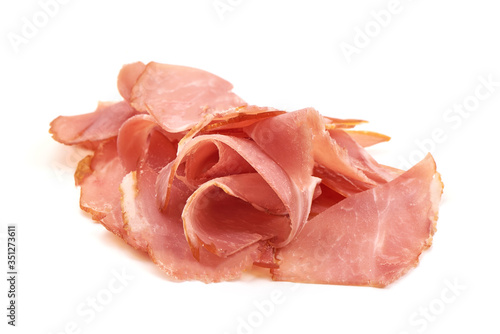 Jamon, dried ham slices, isolated on white background