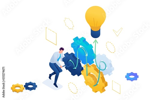 Entrepreneur develops a business idea twists gears. Creating a business idea. 3D isometric. Concept for web design
