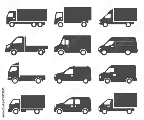 Cars, autos, trucks black icons set isolated on white. Lorry, van, camion pictograms collection.