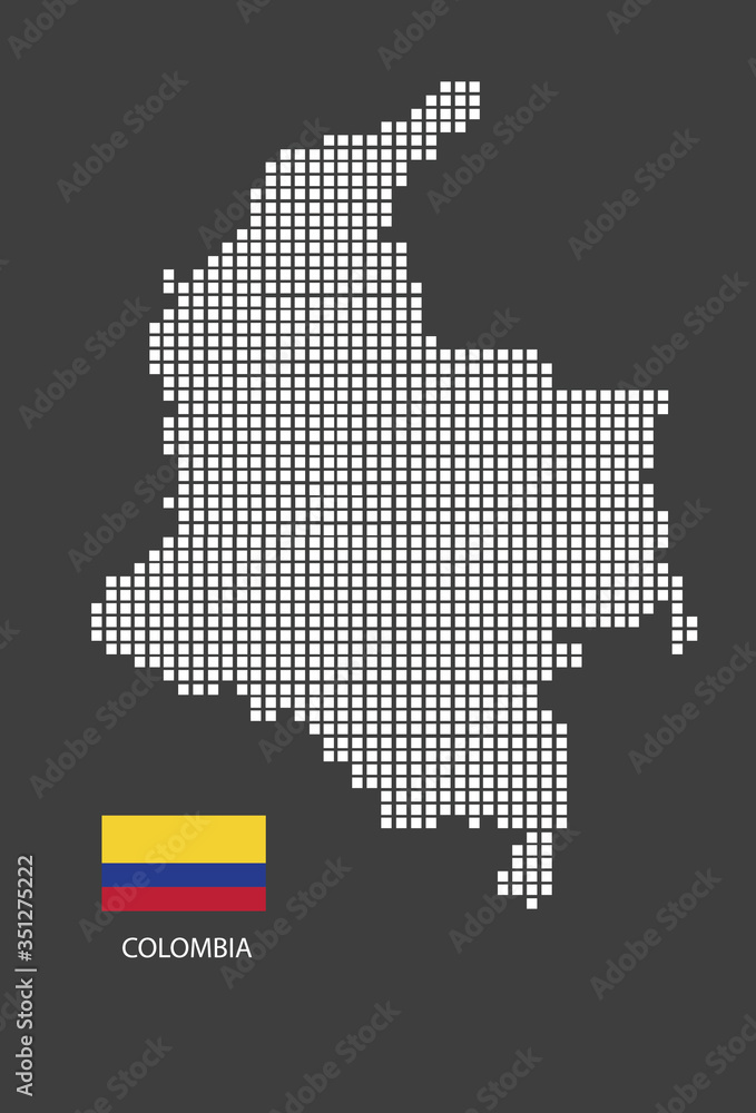 Colombia map design white square, black background with flag Colombia.