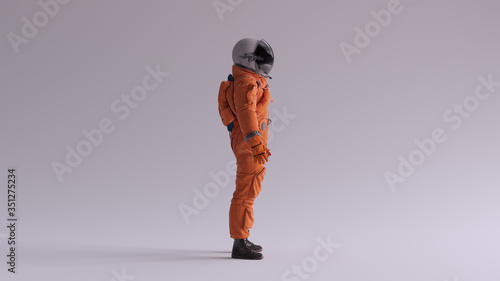 Orange Astronaut with Black Visor With Light Grey Background with Neutral Diffused Side Lighting Side View 3d illustration 3d render