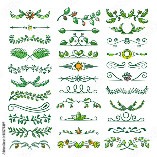 Green text dividers, page separators design set. Fancy borders, laurels.