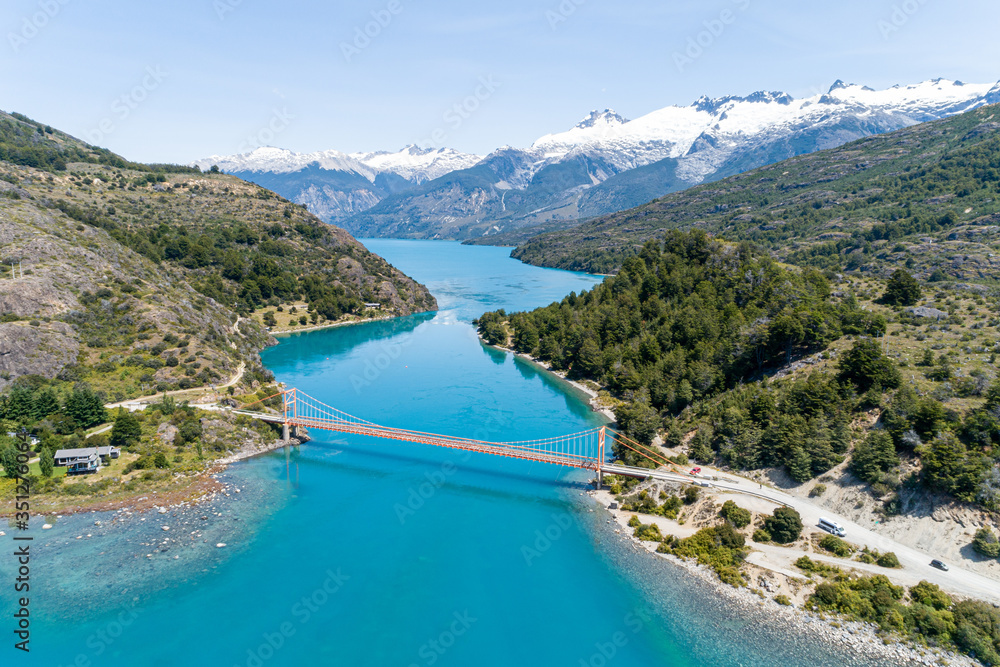 Aerial view of General Carrera bridge, Bertrand Lake and General Carrera Lake - Chile Chico, Aysén, Chile