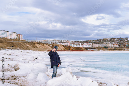 selfie on the shore of the Sea of Okhotsk