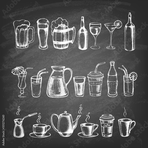  Set of different hand drawn beverages on the blackboard. Vector illustration. 