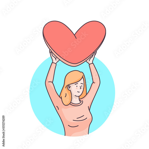 Woman character holding big loving heart over her head. Sending love message to beloved one. Flat style linear clip art illustration. Isolated vector on white. Valentine s day card design template.