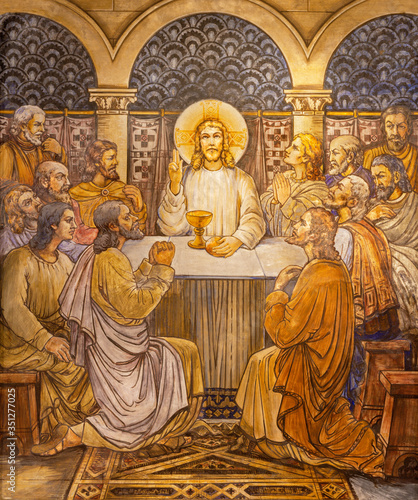 BARCELONA, SPAIN - MARCH 2, 2020: The modern fresco of Last supper in the church Parroquia Santa Teresa de l'Infant Jesus by Joan Sola Roma (1944).