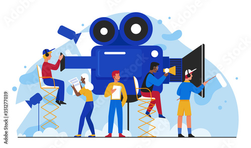 Cinema film production vector illustration. Cartoon flat filmmakers people team making movie, tiny cameraman shooting video film in studio. Multimedia visual entertainment industry isolated on white