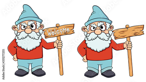 Cartoon old dwarf holding a welcome sign. Vector on a white background. stock illustration