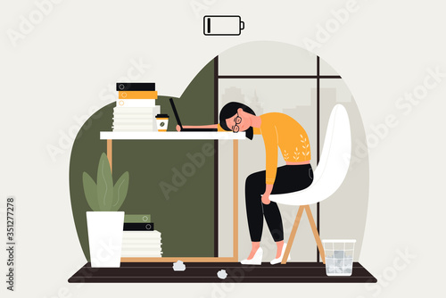 Work problem vector illustration. Cartoon sad woman character working hard in crisis, upset by problematical business task, businesswoman sitting at table, frustrated in emotional overwork burnout