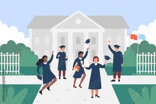 Happy graduate students vector illustration. Cartoon flat young people of different nations jumping with cap, certificate or diploma in hands, characters celebrating graduation education background