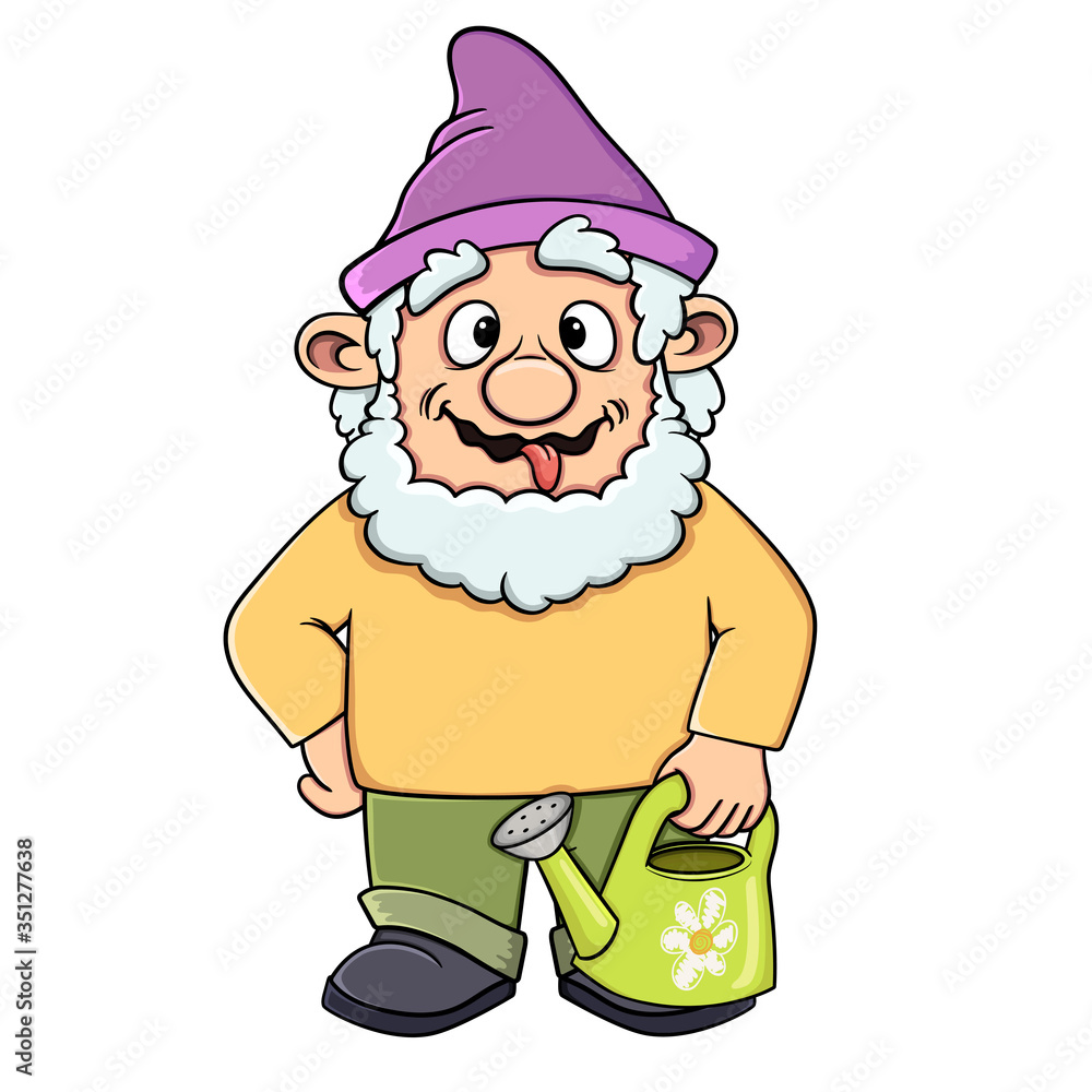 Funny cartoon gnome teasing shows tongue with a garden watering can. Vector isolated on white background. Stock illustration Funny cartoon gnome teasing shows tongue with a garden watering can. Vector isolated on white background. Stock illustration