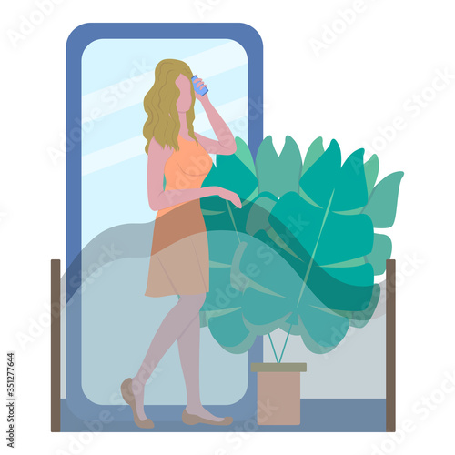 Beautiful blonde girl speaking on telephone standing on balcony. Freelancer working from home with phone. Design for call center, business. Flat vector illustration isolated on white background.