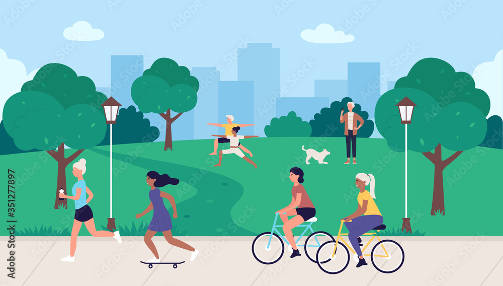 Naklejka premium People in sport healthy activity vector illustration. Cartoon flat sportsman characters running, active woman man cycling, skateboarding or walking with pet dog in summer outdoor city park background