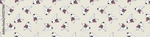 Hand drawn cute bull terrier dog face with pink bow seamless vector border. Purebred pedigree show dog puppy domestic on background. Dog lover pooch pet all over print. Kennel hound. EPS 10. 