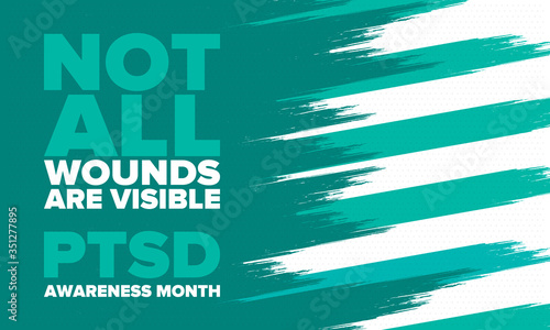 PTSD Awareness Month in June. Post Traumatic Stress Disorder. Celebrated annual in United States. Medical health care and awareness design. Poster, card, banner and background. Vector illustration