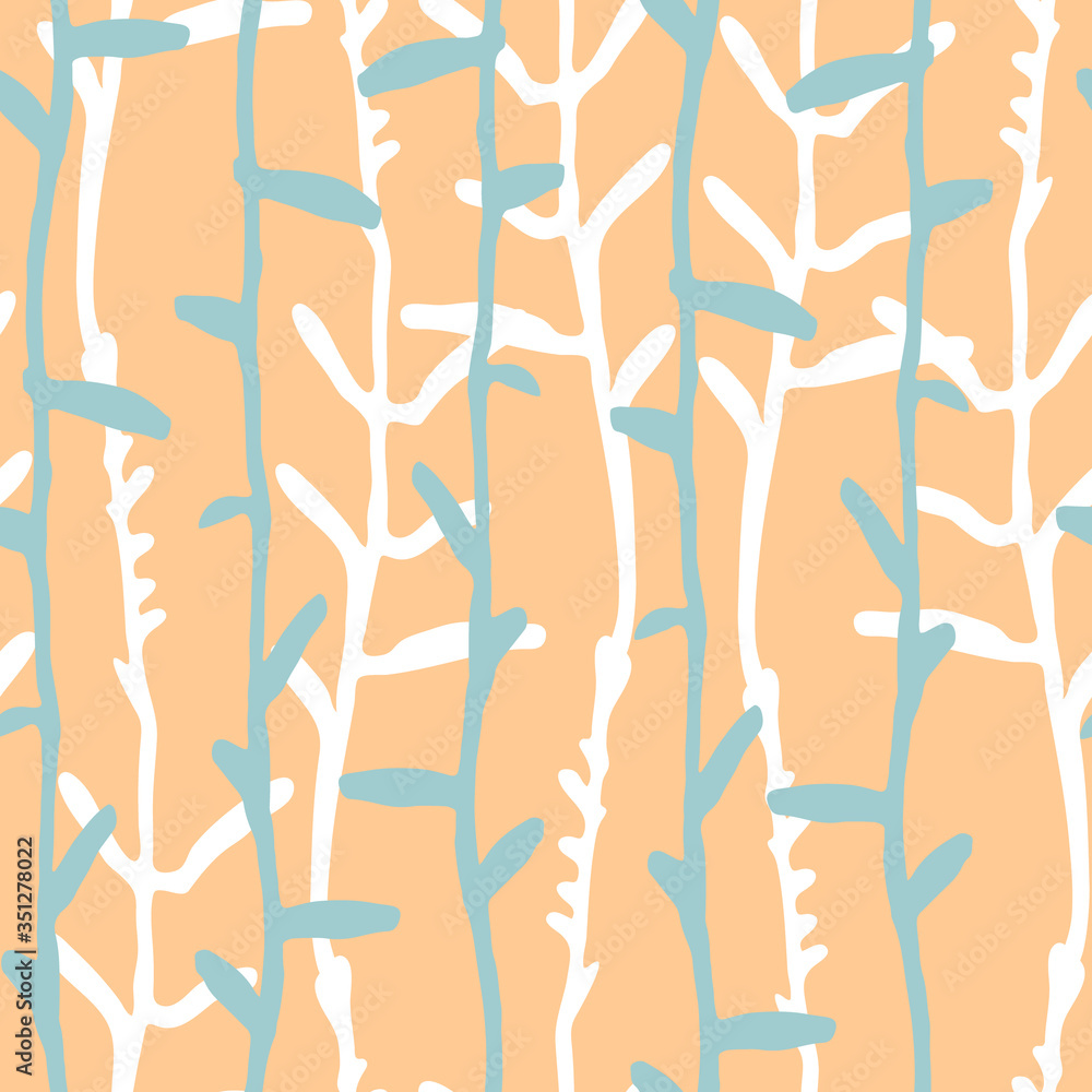 Seamless pattern with pinstripes of hand drawn herbs on pastel-colored background for surface design, textile, fashion industry and other design projects