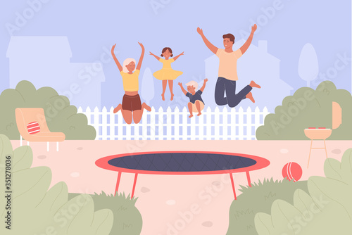 Trampoline jumping vector illustration. Cartoon flat family people jump and have fun together, active happy jumper characters bounce high on trampoline. Summer leisure outdoor activity background