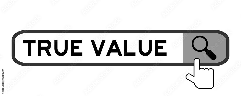 Search banner in word true value with hand over magnifier icon on white background Search banner in word true value with hand over magnifier icon on white background