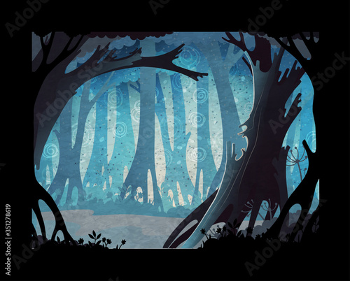 Fairy tale vector illustration. Dark misty forest background