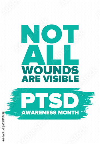 PTSD Awareness Month in June. Post Traumatic Stress Disorder. Celebrated annual in United States. Medical health care and awareness design. Poster, card, banner and background. Vector illustration