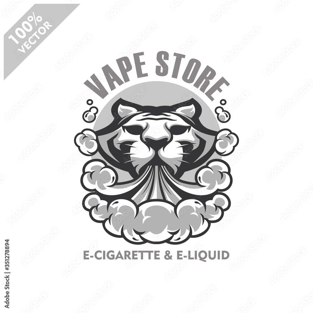 Tiger head vapor e-cigarette, vape, vaporizer cigarette, electronic smoke, Design element for company logo, label, emblem, apparel or other merchandise. Scalable and editable Vector.