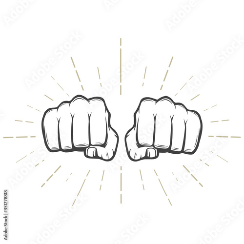 Two fists with sunbursts on white background  vector illustration.