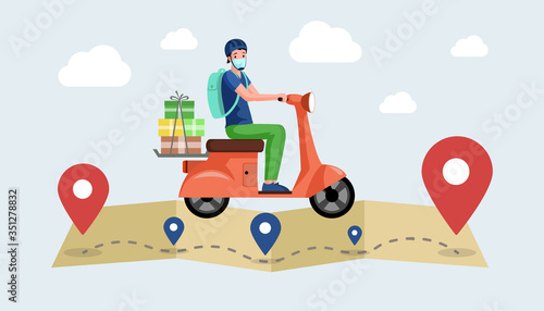 Courier or volunteer in face mask drive motorbike and deliver products from supermarket.