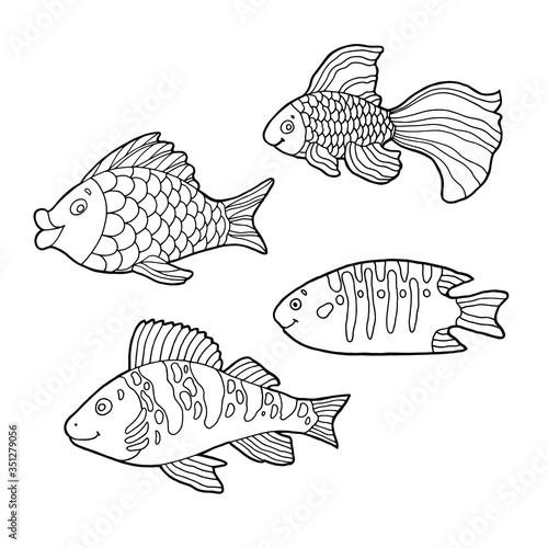 Cartoon fish set. Hand drawing outline doodles. Isolated items. Suitable for children's coloring and prints. Stock vector illustration.