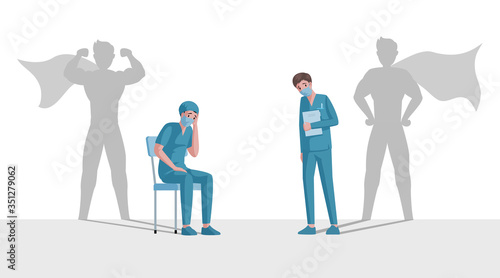 Doctors with superhero shadows during global pandemic of covid-19 vector flat cartoon illustration.