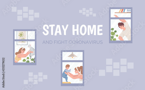 Stay home and fight coronavirus vector banner. Healthy lifestyle in quarantine poster template.
