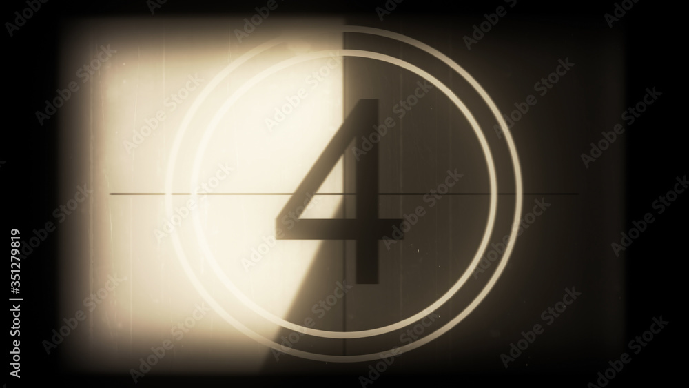 3D rendering of a monochrome old and grained universal countdown leader from 10 to 0