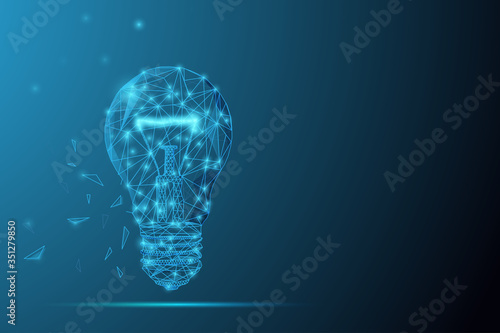 Futuristic glowing low polygonal electric light bulb made of stars, lines, dots, triangles isolated on dark blue background. Motivational concept.