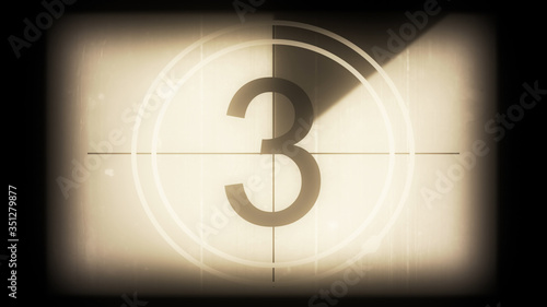 3D rendering of a monochrome old and grained universal countdown leader from 10 to 0