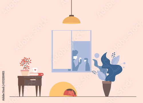 Living room interior during coronavirus outbreak vector flat cartoon illustration.