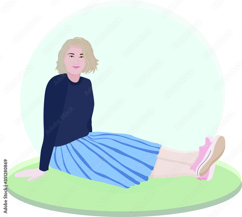 A girl in a skirt and sneakers sits with her legs extended forward. She relaxes and enjoys the rest. Vector illustration in a flat style. Female avatar and fashionable character A girl in a skirt and sneakers sits with her legs extended forward. She relaxes and enjoys the rest. Vector illustration in a flat style. Female avatar and fashionable character