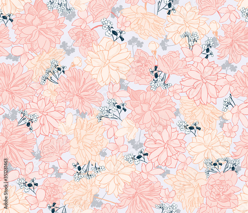 Vector pastel colors botanical seamless background, floral pattern, pink and yellow begony flowers backdrop for invitations, posters, web, fabric, cloth and etc.