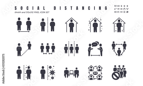 Simple Set of Social Distancing, Coronavirus Disease 2019 Covid-19 Solid Glyph Icons such Icons as Stay Home, Quarantine, Work from Home, Avoid Crowded Place. 64x64 and 512x512 Pixel Vector.