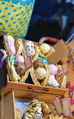 Photography Waffle with ice cream at Myeongdong open street market Seoul reflex