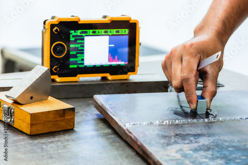 Schilderij op canvas UT, Ultrasonic testing to detect imperfection or defect in welding of steel structure