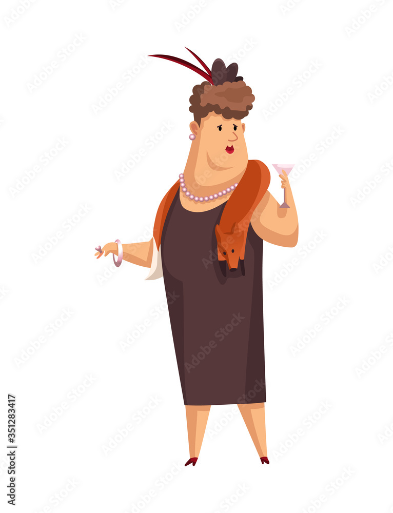 Vector cartoon rich people. Image of a funny woman capitalist in a black suit with fox fur on his neck on a white background. Business, finance, monopoly, money Vector cartoon rich people. Image of a funny woman capitalist in a black suit with fox fur on his neck on a white background. Business, finance, monopoly, money