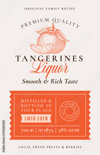 Family Recipe Tangerines Liquor Acohol Label. Abstract Vector Packaging Design Layout. Modern Typography Banner with Hand Drawn Citrus Silhouette Logo and Background.