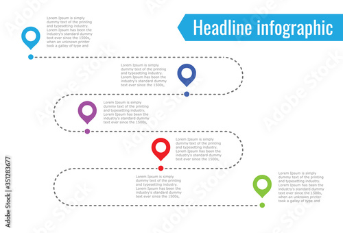 infographic path dotted line. 5 dots of different colors, blue, red, green. Vector illustration