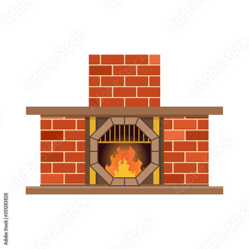 Vector home fireplace with fire. Vintage design of stone oven with fireside. Flat icon design. Illustration isolated on white background