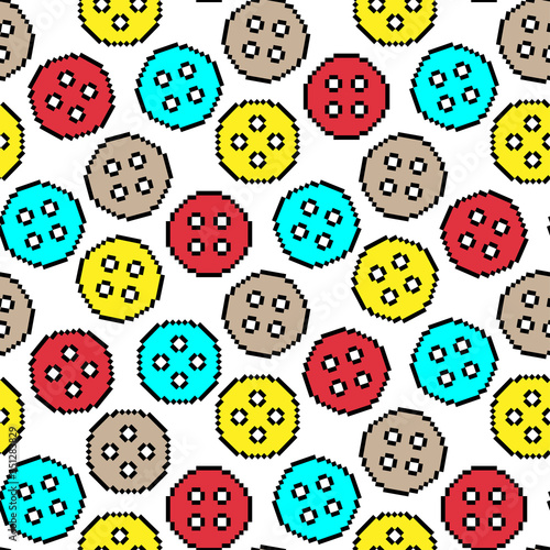 Bright multi-colored pixel buttons isolated on a white background. Cute seamless pattern. Vector graphic illustration. Texture.