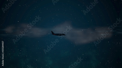 View on the silhouette of the airplane flying through turbulent zone.